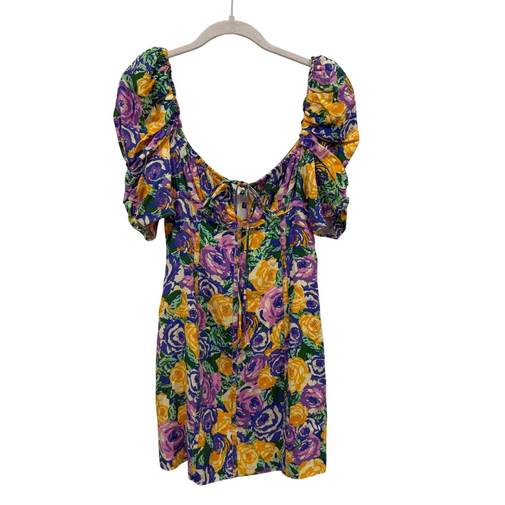 Zara Floral‎ Puff Sleeve Mini Dress Purple Yellow Rose Print Small 2885/422/117